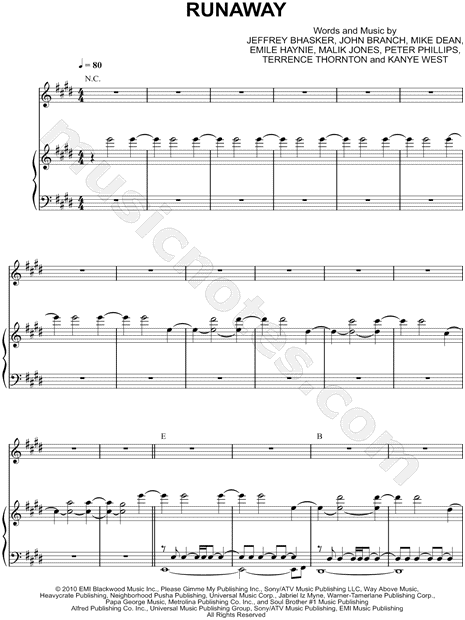 Kanye West "Runaway" Sheet Music in E Major (transposable) - Download