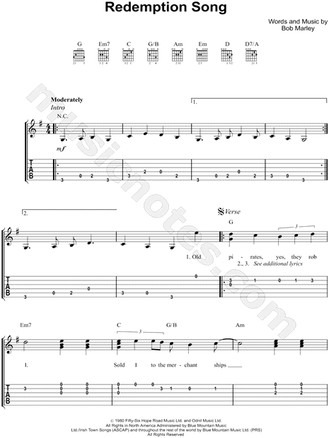 Bob Marley Redemption Song Guitar Tab In G Major Download Print Sku Mn