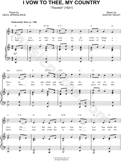 Gustav Holst I Vow To Thee My Country Jupiter From The Planets Sheet Music In C Major Transposable Download Print Sku Mn