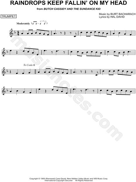 B J Thomas Raindrops Keep Fallin On My Head Sheet Music Trumpet Solo In F Major Download Print Sku Mn0103944