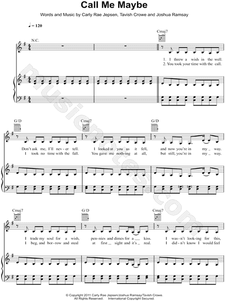 Carly Rae Jepsen Call Me Maybe Sheet Music In G Major Transposable Download Print Sku Mn