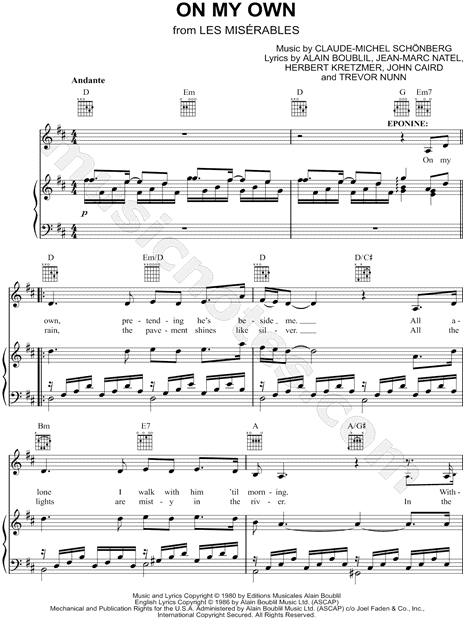 On My Own" from 'Les Misérables' Sheet Music in D Major (transposable) - Print SKU: MN0104245