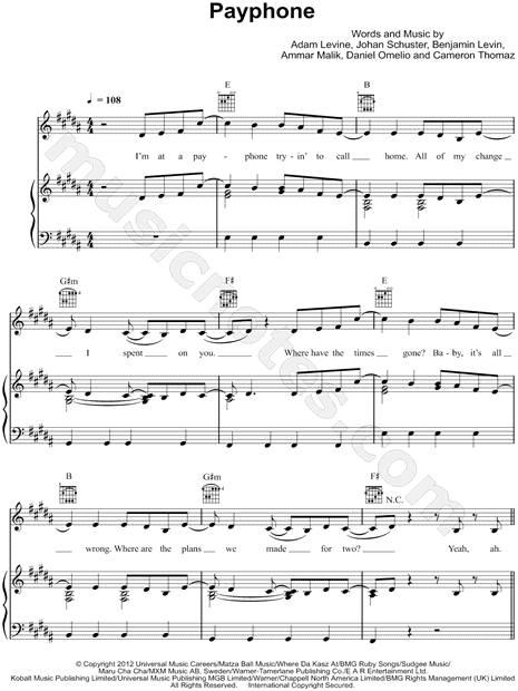 Maroon 5 feat. Wiz Khalifa "Payphone" Sheet Music in B Major