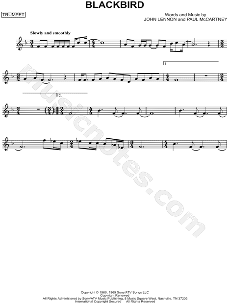The Beatles "Blackbird" Sheet Music (Trumpet Solo) in F ...