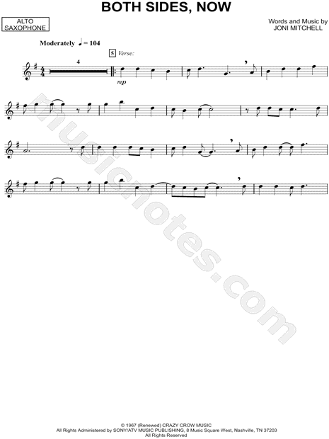 Joni Mitchell Both Sides Now Alto Sax Sheet Music Alto Saxophone Solo In G Major Download Print Sku Mn