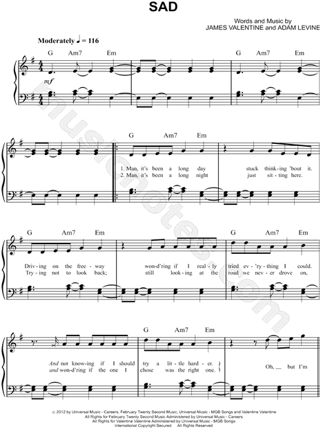 Maroon 5 "Sad" Sheet Music (Easy Piano) in G Major - Download & Print