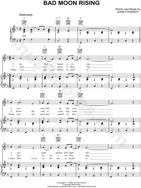 Creedence Clearwater Revival "Bad Moon Sheet Music in F (transposable) - Download & Print SKU: MN0107302