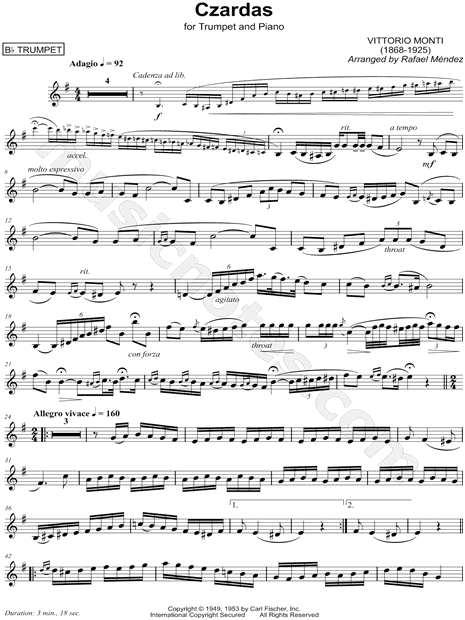 Vittorio Monti Czardas Trumpet Sheet Music Trumpet Solo In E Minor Download Print Sku Mn