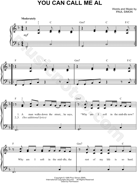 Paul Simon You Can Call Me Al Sheet Music Easy Piano In F Major Download Print Sku Mn