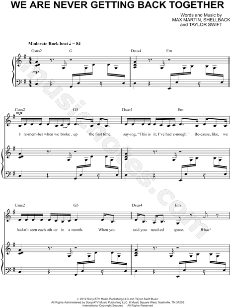 Taylor Swift We Are Never Ever Getting Back Together Sheet Music In G Major Transposable Download Print Sku Mn