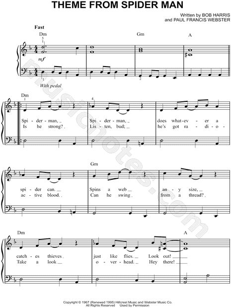 Alcalde A gran escala En Theme from Spider Man" from 'Spider-Man [TV Series]' Sheet Music (Easy Piano)  in D Minor (transposable) - Download & Print - SKU: MN0108407