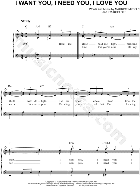 Elvis Presley I Want You I Need You I Love You Sheet Music Easy Piano In C Major Download Print Sku Mn0109208