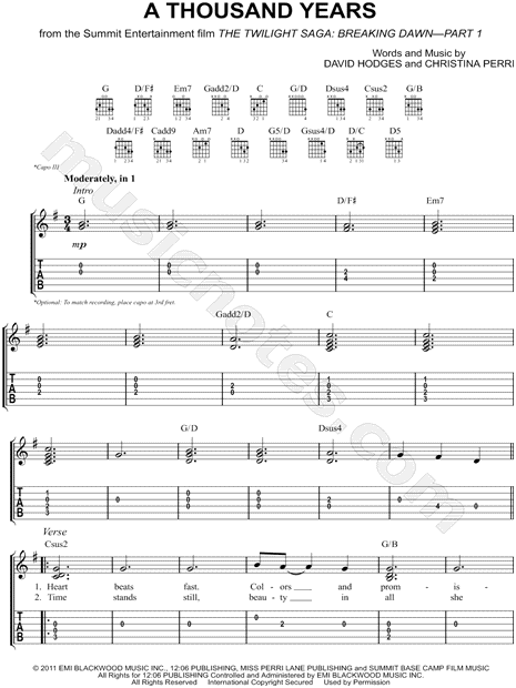 Christina Perri A Thousand Years Guitar Tab In G Major Download Print Sku Mn