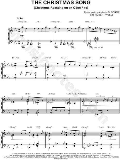 Robert Wells "The Christmas Song (Chestnuts Roasting on an Open Fire)" Sheet Music (Piano Solo ...