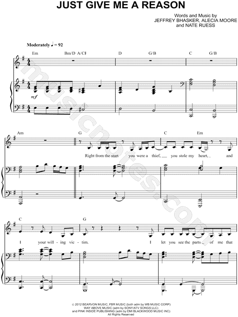 Pink Feat Nate Ruess Just Give Me A Reason Sheet Music In G Major Transposable Download Print Sku Mn0110148