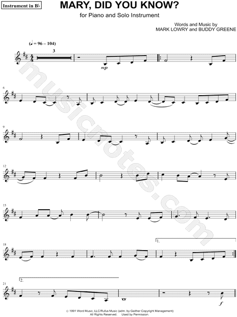 Mark Lowry Mary Did You Know Bb Instrument Sheet Music Trumpet Clarinet Soprano Saxophone Or Tenor Saxophone In B Minor Transposable Download Print Sku Mn0110304