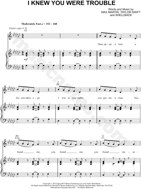 roto Marcha mala Personal Taylor Swift "I Knew You Were Trouble" Sheet Music in Eb Minor  (transposable) - Download & Print - SKU: MN0110309
