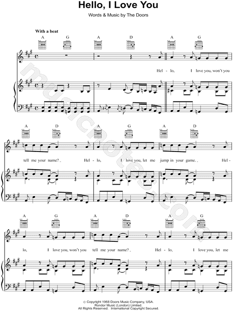 The Doors Hello I Love You Sheet Music In A Major Transposable Download Print Sku Mn