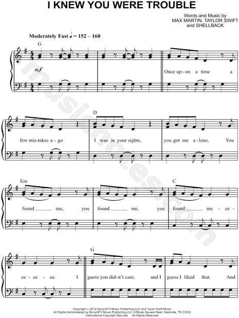Colectivo experimental A merced de Taylor Swift "I Knew You Were Trouble" Sheet Music (Easy Piano) in G Major  - Download & Print - SKU: MN0110698