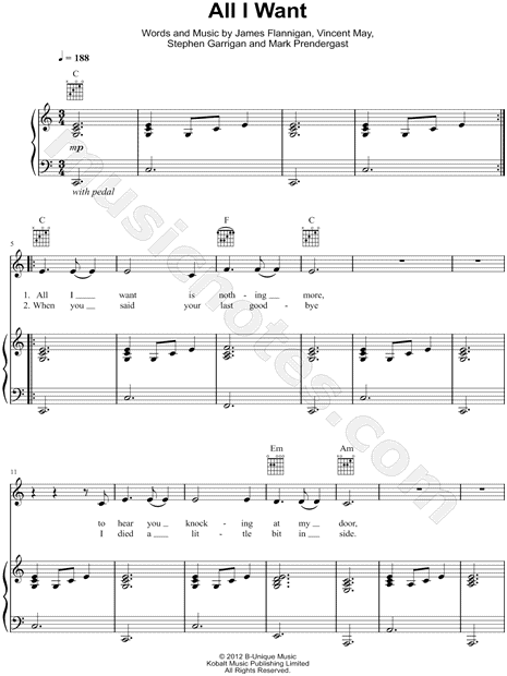 Kodaline All I Want Sheet Music In C Major Transposable