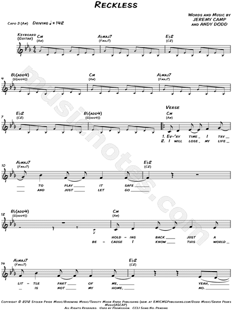 Reckless Love Chord Chart