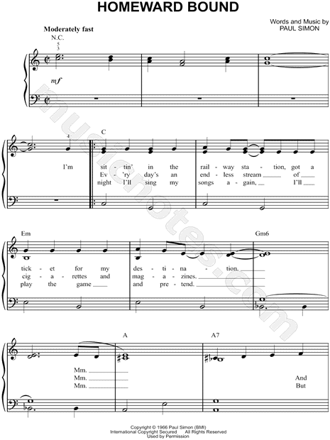 Simon Garfunkel Homeward Bound Sheet Music Easy Piano In C Major Download Print Sku Mn0110890