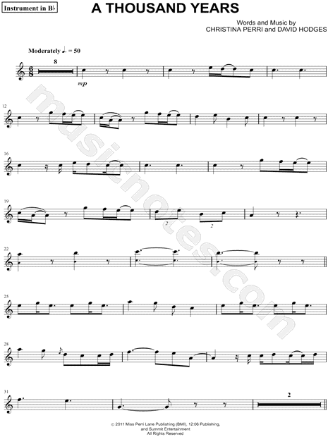 Christina Perri A Thousand Years Instrument Sheet Music Trumpet Clarinet Soprano Saxophone Or Tenor Saxophone In C Major Download Print Sku Mn