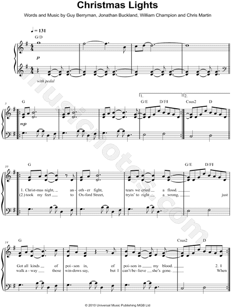 Coldplay Christmas Lights Sheet Music Easy Piano In G Major Transposable Download Print Sku Mn0111635