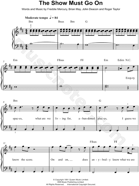 Queen "The Show Must Go On" Sheet Music (Easy Piano) in B Minor Download & Print - SKU: MN0112158