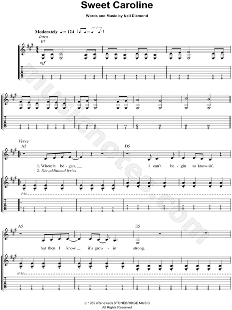 Sweet Caroline Chords Guitar.