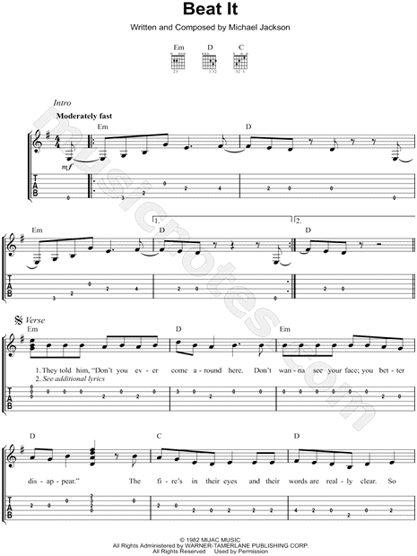 Michael Jackson "Beat It" Guitar Tab in E - & Print - SKU: MN0112562