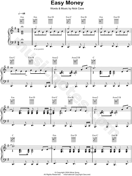Nick Cave Easy Money Sheet Music In E Minor Transposable Download Print Sku Mn0113173