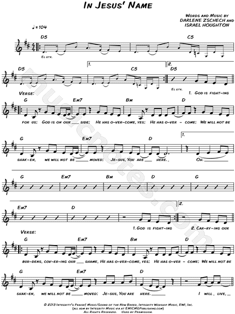 Darlene Zschech "In Jesus' Name" Sheet Music (Leadsheet) in D Major