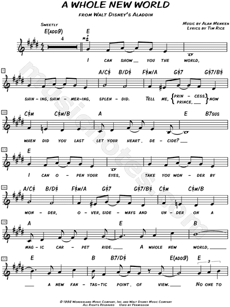 Peabo Bryson A Whole New World Sheet Music Leadsheet In E Major Transposable Download Print Sku Mn