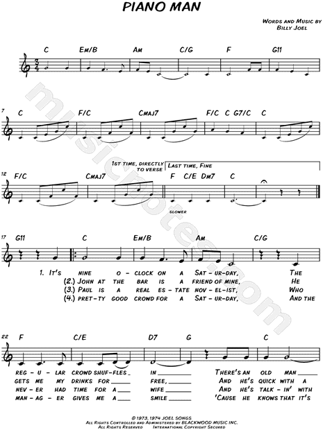 Billy Joel Piano Man Sheet Music Leadsheet In C Major Transposable Download Print Sku Mn0114011
