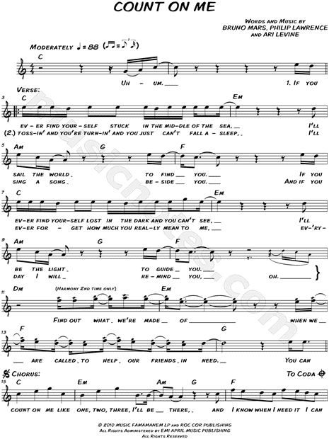 Bruno Mars Count On Me Sheet Music Leadsheet In C Major Transposable Download Print Sku Mn