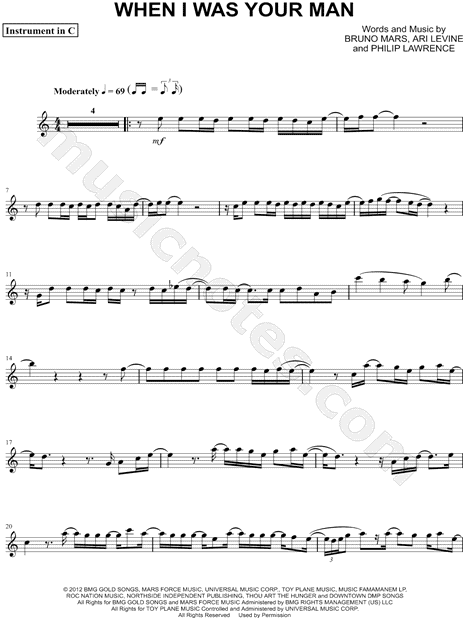 Bruno Mars When I Was Your Man C Instrument Sheet Music Flute