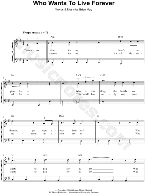 Queen "Who Wants to Live Forever" Sheet Music (Easy Piano 