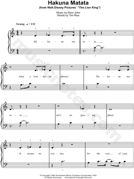 dieta Nacarado Violar Hakuna Matata" from 'The Lion King' Sheet Music (Easy Piano) in C Major -  Download & Print - SKU: MN0114483