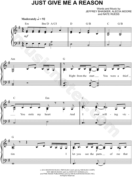 Dormitorio Norma Soportar Pink feat. Nate Ruess "Just Give Me a Reason" Sheet Music (Easy Piano) in G  Major - Download & Print - SKU: MN0115142