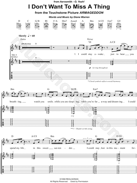 Aerosmith I Don T Want To Miss A Thing Guitar Tab In D Major Download Print Sku Mn