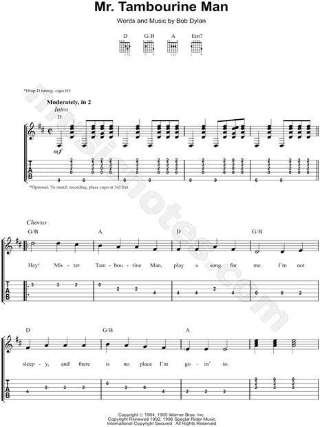 Bob Dylan Mr Tambourine Man Guitar Tab In D Major Download Print Sku Mn