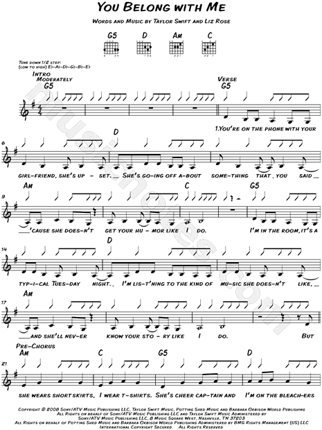 Taylor Swift You Belong With Me Sheet Music Leadsheet In