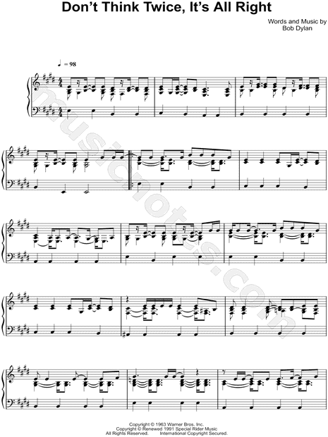 Bob Dylan Don T Think Twice It S All Right Sheet Music Piano Solo In E Major Download Print Sku Mn