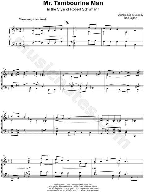 Bob Dylan Mr Tambourine Man In The Style Of Robert Schumann Sheet Music Piano Solo In F Major Download Print Sku Mn