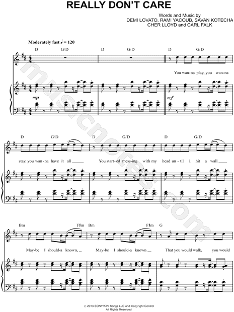 Demi Lovato "Really Don't Care" Sheet Music in D Major (transposable
