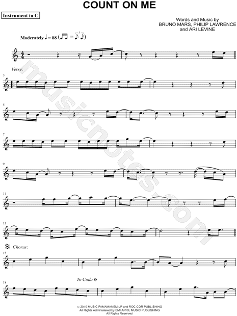 Bruno Mars Count On Me C Instrument Sheet Music Flute Violin Oboe Or Recorder In C Major Download Print Sku Mn