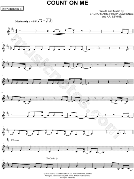 Bruno Mars Count On Me Instrument Sheet Music Trumpet Clarinet Soprano Saxophone Or Tenor Saxophone In D Major Download Print Sku Mn