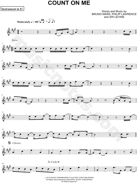 Bruno Mars Count On Me Eb Instrument Sheet Music Alto Or Baritone Saxophone In A Major Download Print Sku Mn