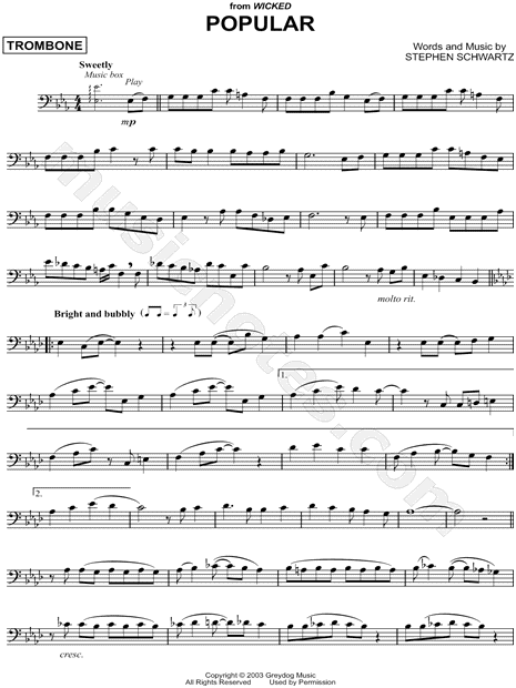 Popular From Wicked Sheet Music Trombone Solo In Eb Major Download Print Sku Mn0119579